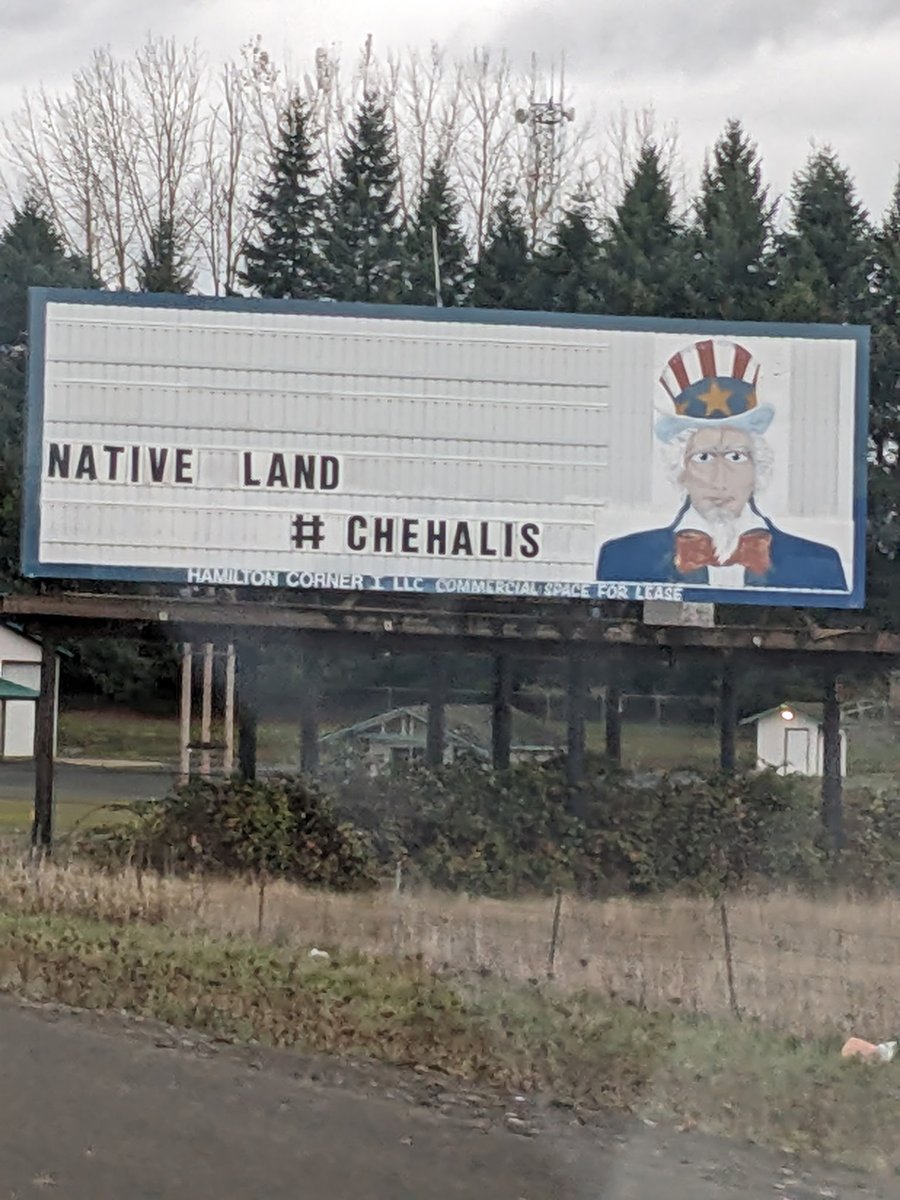 FendelMarc's tweet photo. Saw this today....For many decades, this sign has all kinds of racist messages. In a stunning turn of events, the #Chehalis tribe bought the land this year. Today is a good day to give thanks. It made me smile. @shillypreston @flexasaurusrex @StrokeDriven @NFTipi @chehalis https://t.co/VexrPC3PJC