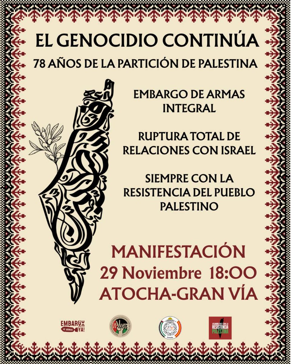 El genocidio sigue en curso en Gaza. A pesar de los acuerdos y promesas las matanzas y la limiramtacion de alimentos y medicinas continúan.
Este sábado 29 manifestaciones en las principales ciudades europeas. En Madrid a las 18:00  de Atocha a Gran Vía.