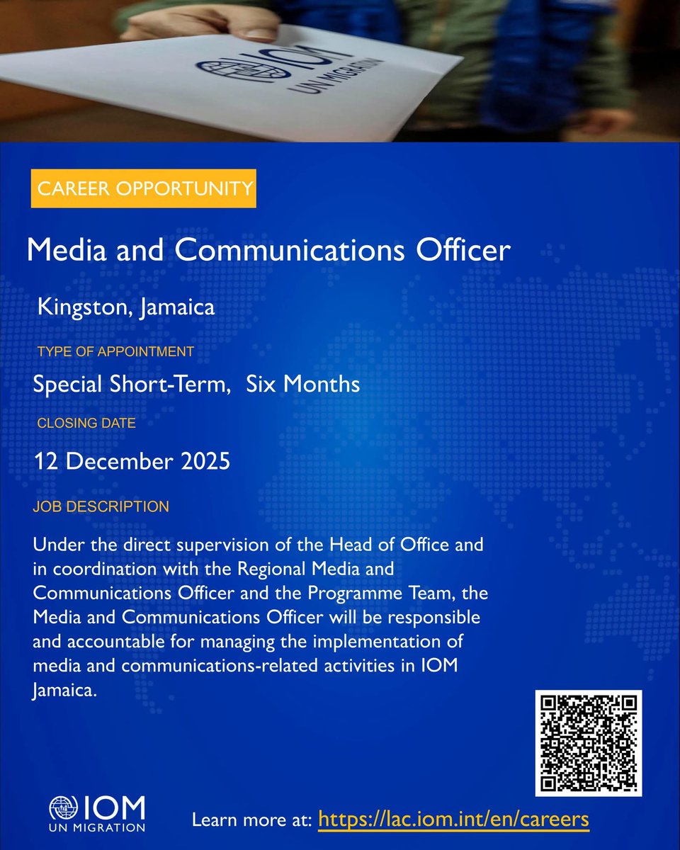 IOM Jamaica is building its communications team!  Application deadline is Friday 12 December 2025!  
🔗 lac.iom.int/en/careers

Other positions also available, closing this Sunday 2 December.

#Vacancies #IOMJamaica #jobs #jamaica
<a href="/followers/">はうはう</a>