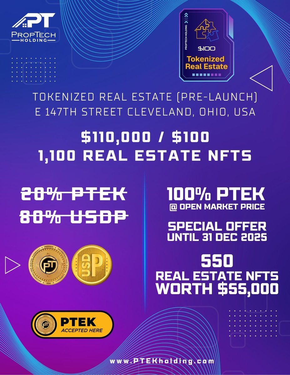 PtekHolding's tweet image. 🏡 Own Fractional US Real Estate!

Fully renovated Cleveland property now tokenized into $100 NFTs.
🔥 13%+ ROI | 💥 100% PTEK for first 550 NFTs

Visit: PTEKholding.com

#PTEK #RealEstateTokenization #Web3 #PassiveIncome  #CryptoUtility #PROPTECH #RWA_Coin #Investment