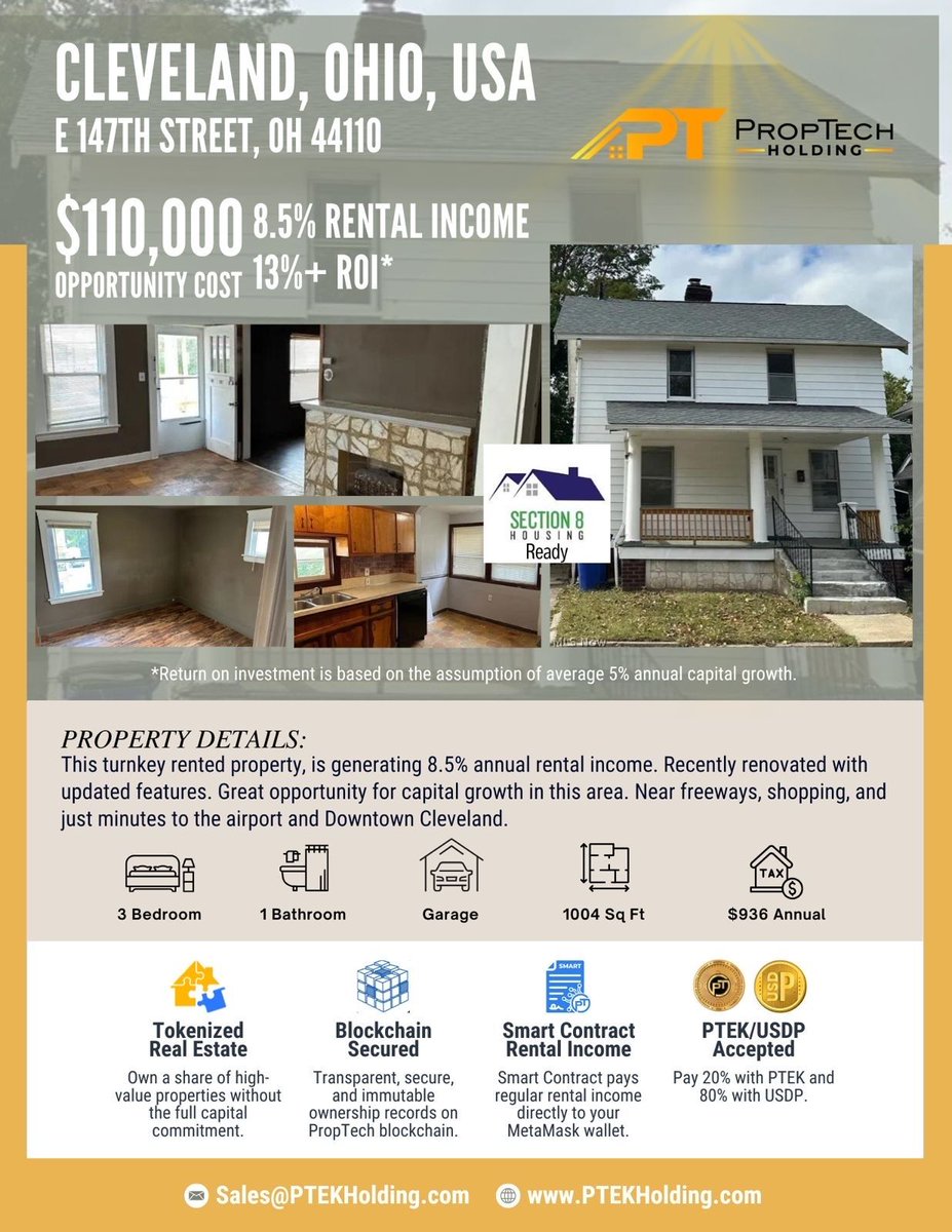 PtekHolding's tweet image. 🏡 Own Fractional US Real Estate!

Fully renovated Cleveland property now tokenized into $100 NFTs.
🔥 13%+ ROI | 💥 100% PTEK for first 550 NFTs

Visit: PTEKholding.com

#PTEK #RealEstateTokenization #Web3 #PassiveIncome  #CryptoUtility #PROPTECH #RWA_Coin #Investment