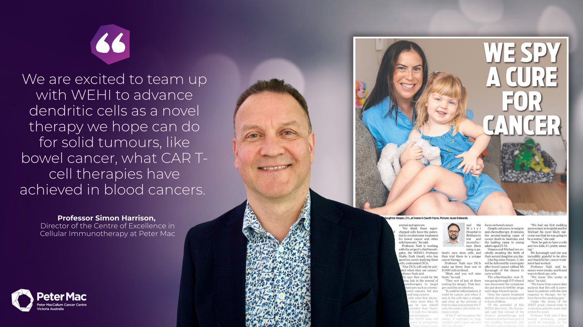 PeterMacCC's tweet image. Big thanks to Shauna for sharing her story, featured in papers across Australia today.

The chemo + radiation she had to treat her #bowelcancer meant she couldn’t carry children — but today brings new hope with major funding for research into a gentler #immunotherapy.

🧵1/3
