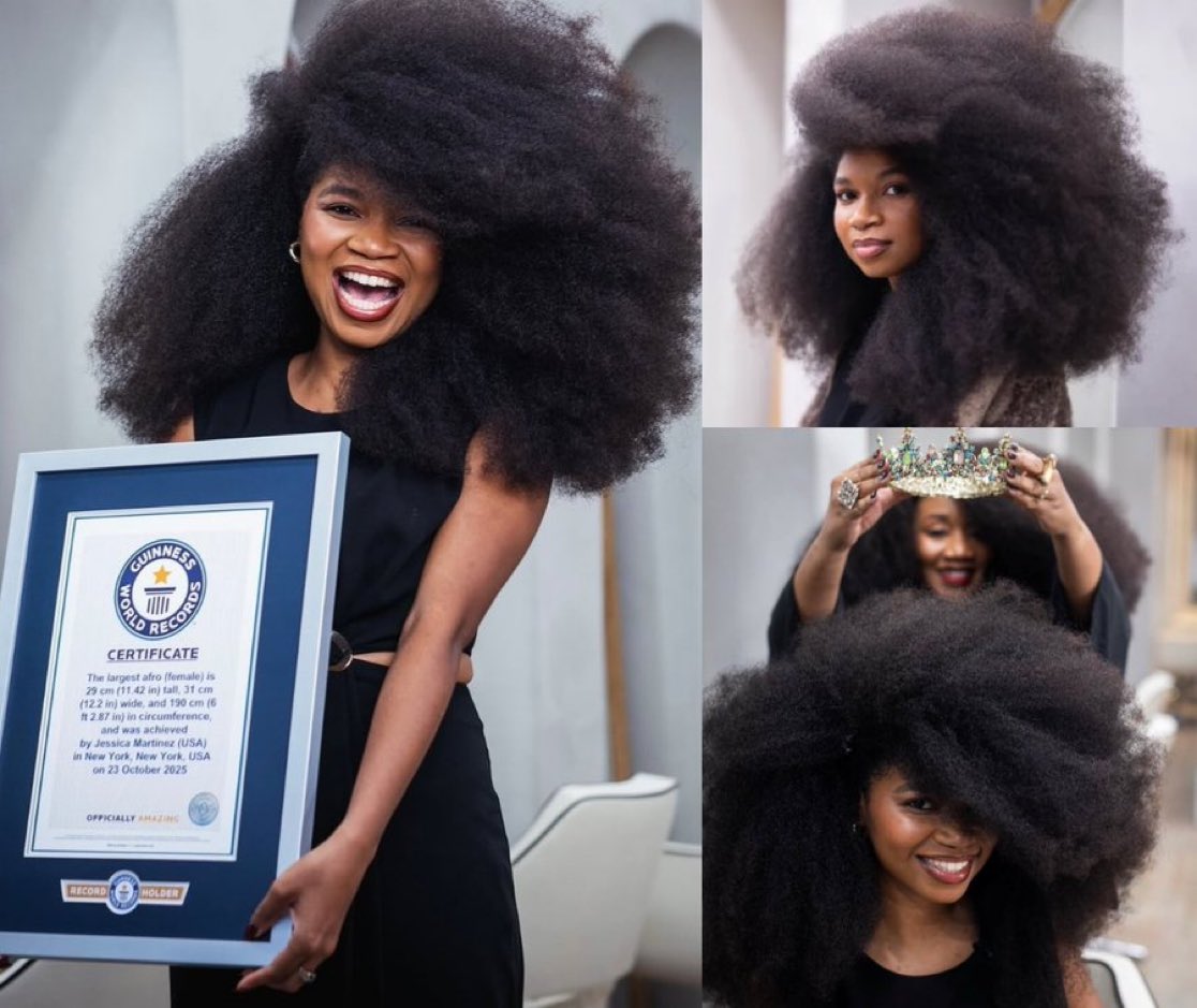 Urtechbuddy's tweet image. Beautiful York woman earns the Guinness World Record for having the largest afro in the world, 6 feet

Thanksgiving  / Sheikh Dairu Bauchi  / MC Oluomo  / Sarr / Kabba / Young John