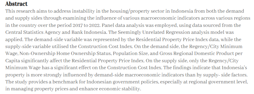 EkonomiJurnal's tweet image. Analysis of Property Price and Fluctuation in Regional Macroeconomic Indicators : Evidence From Indonesia

dx.doi.org/10.17576/JEM-2…

#Controlling #Demand #houseprice #macroeconomic #supply
