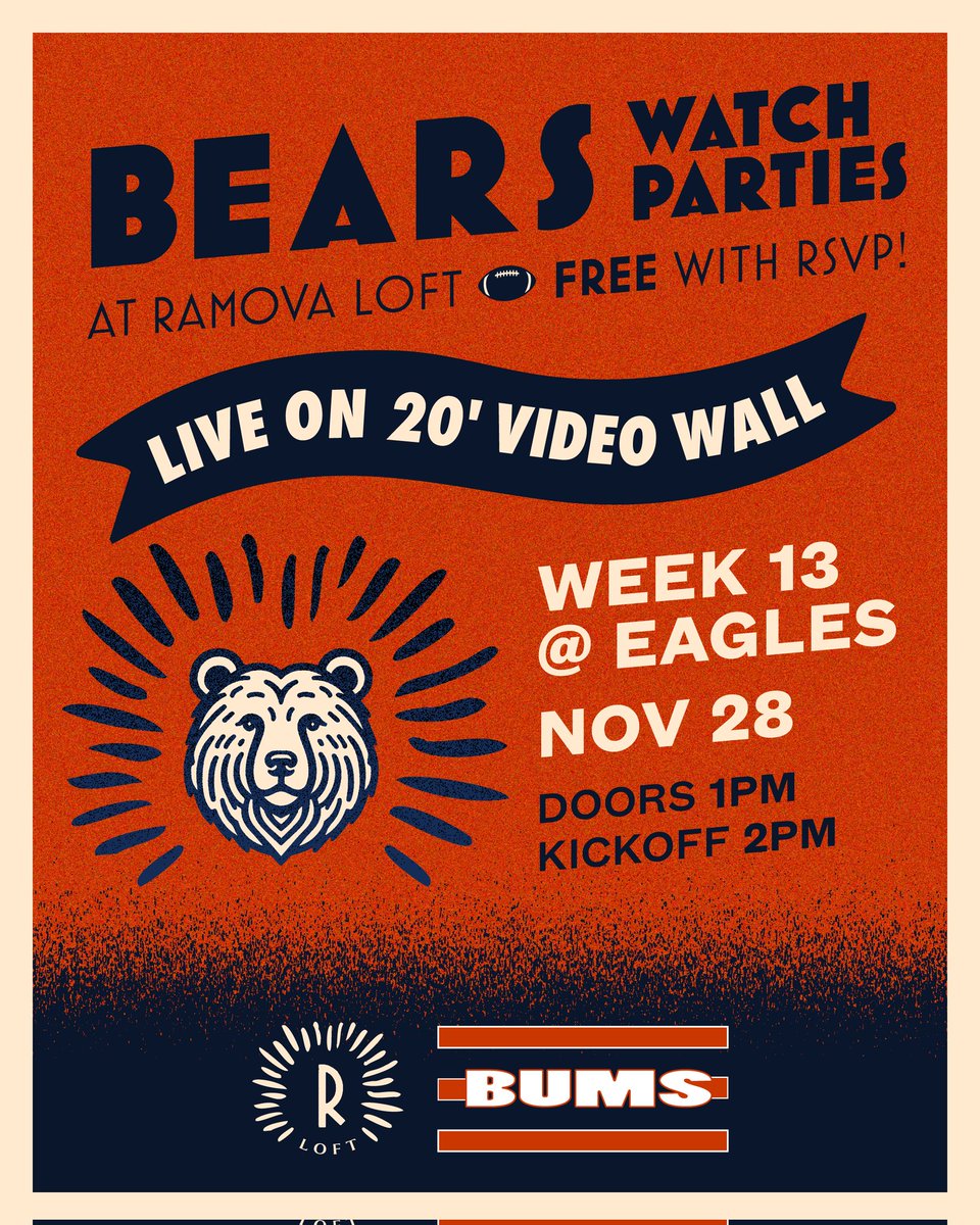 ChiSportsBums's tweet image. TOMORROW!!! BIG BIG GAMES FOR THE BEARS! We need everyone to show up to @RamovaChicago to root on #9! 

Free with RSVP or $35 optional food/beverage package! 

Whiskey pours for everyone! Bears jersey giveaway! RSVP here 👇 

tixr.com/groups/ramovat…