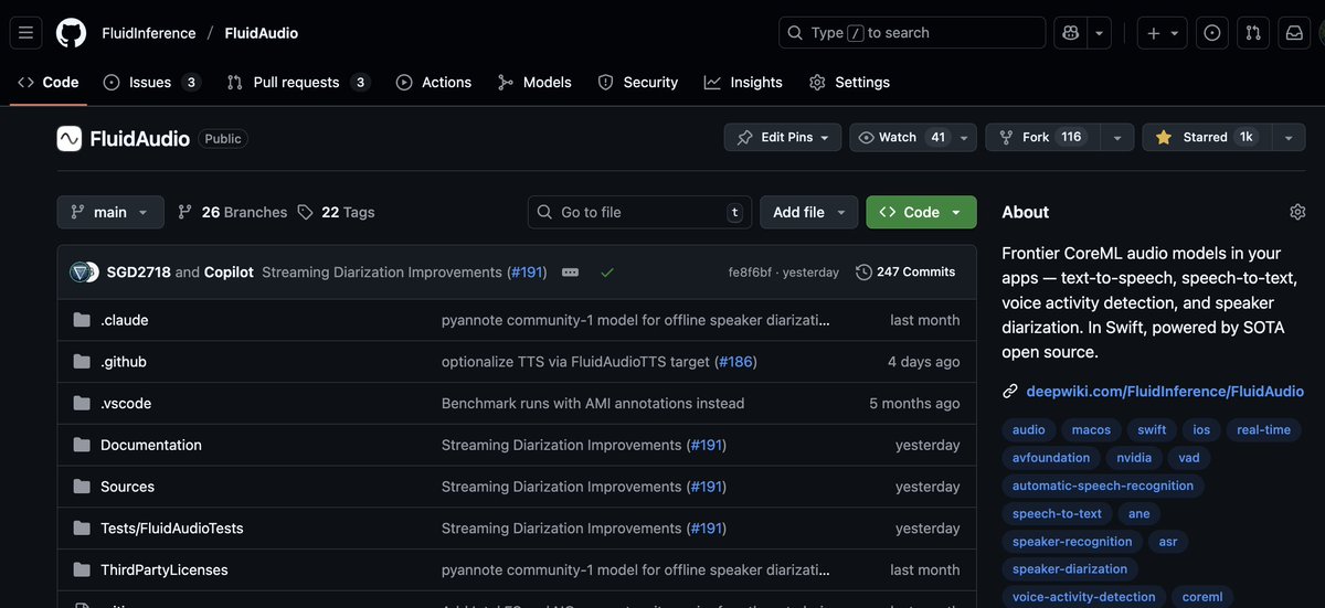 WE HAVE REACHED OVER 1,00 STARS on github.com/FluidInference… 

Special Shoutouts to <a href="/jamar/">mannequin</a> <a href="/hamza_q_/">Hamza Qayyum</a> <a href="/SGD2718/">Benjamin Lee</a>  <a href="/sach1n/">Sachin Desai</a> &amp; everyone else for their contributions