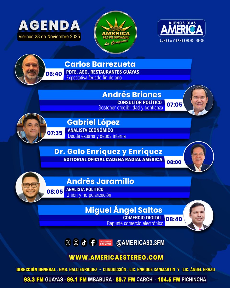 𝐀𝐆𝐄𝐍𝐃𝐀
📅 Viernes 28 de noviembre 2025
📻 93.3 FM ¡Sintonízanos en vivo!
🎥 Facebook Live
🌐 americaestereo.com
Noticiero Buenos Días América, últimas noticias, nacionales e internacionales.
#Noticias