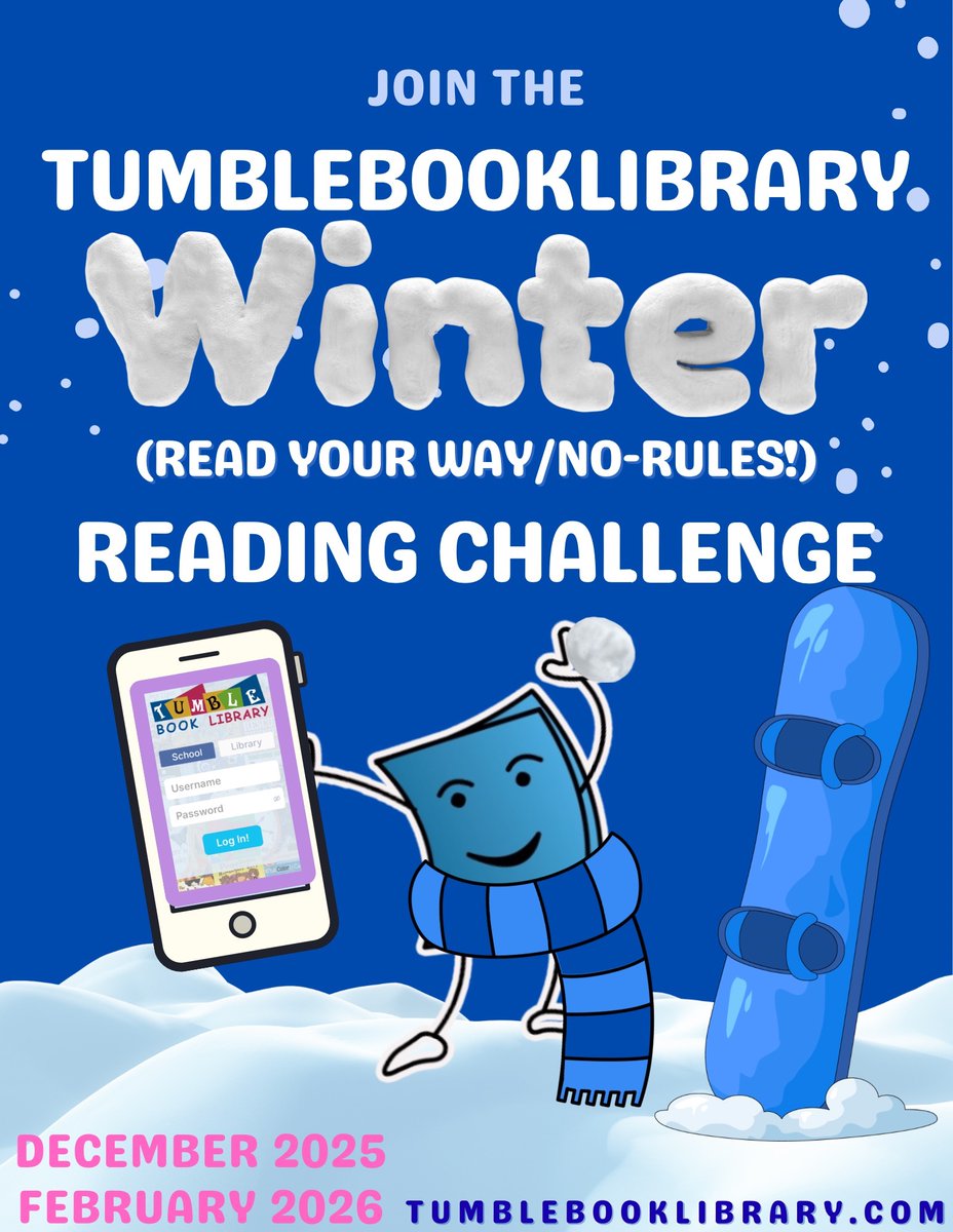 TumbleBooks's tweet image. ☃️ Coming Dec 1! The TumbleBookLibrary Winter Reading Challenge! ❄️

For all reading levels! Set the rules and choose your own reading goals.

🌟Free downloadable
activities! 

✍️Become the author or 🎨illustrator! 

Get a badge and certificate!🥇

Join at
TumbleBookLibrary.com