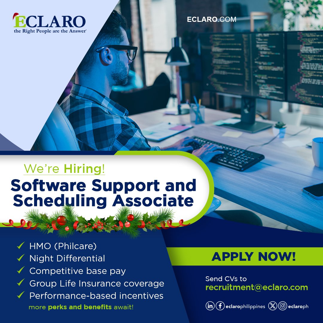 EclaroPh's tweet photo. Step into this Software Support and Scheduling Assistant role for a global client, where your organization drives success.
Send your CV to recruitment@eclaro.com.
Don't forget to mention where you've seen us. ๐
#ECLARO #ECLAROCareers #jobsph #SoftwareSupport #TechJobs https://t.co/gayqGvPKr5