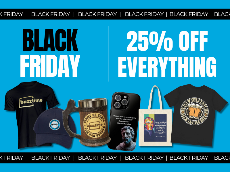 Black Friday starts NOW!
Get 25% OFF everything and knock out your holiday shopping early.
Buzztime shirts, mugs, and hats—all on sale.

Shop here >> buzztime.shop