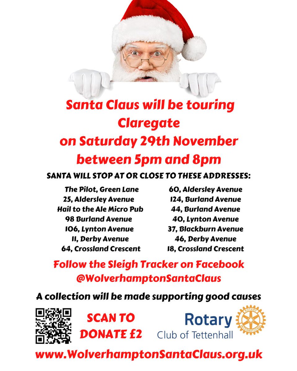 🎅 Santa’s Sleigh is coming to Claregate!  

📍 Saturday 29 November 

📲 Track Santa LIVE on the night &amp; donate to Rotary’s good causes:  
£1 👉 pay.sumup.com/b2c/QDG043RK  
£2 👉 pay.sumup.com/b2c/QAIKOE2T  
£5 👉 pay.sumup.com/b2c/QMPQ0K0S  

#Wolverhampton #Christmas #SeeSanta
