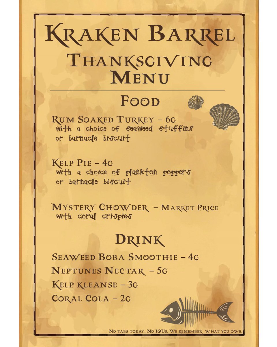 utdanimlab's tweet image. All hands on deck for grub! 🦃

The Kraken's Barrel, yer one and only bona fide pirate pub, is hosting a special Thanksgiving feast, plundered and prepared by our exclusive kitchen staff. Happy Thanksgiving, scallywags!