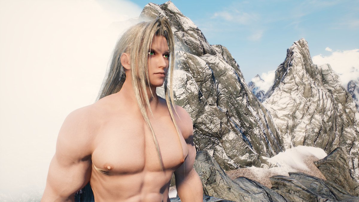 hackeraxe_art's tweet image. Anyways, Sephiroth&apos;s head has now been properly merged with the Skyrim body. Now leaves facial expressions, and then finally... hair physics.