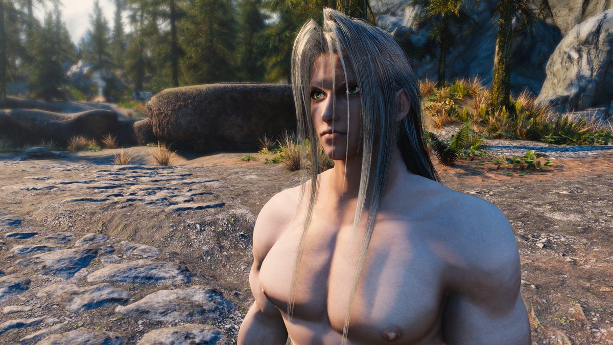 hackeraxe_art's tweet image. Anyways, Sephiroth&apos;s head has now been properly merged with the Skyrim body. Now leaves facial expressions, and then finally... hair physics.