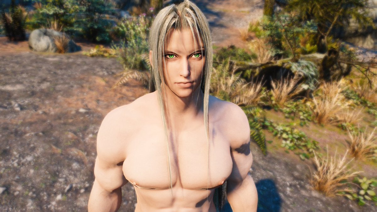 hackeraxe_art's tweet image. Anyways, Sephiroth&apos;s head has now been properly merged with the Skyrim body. Now leaves facial expressions, and then finally... hair physics.