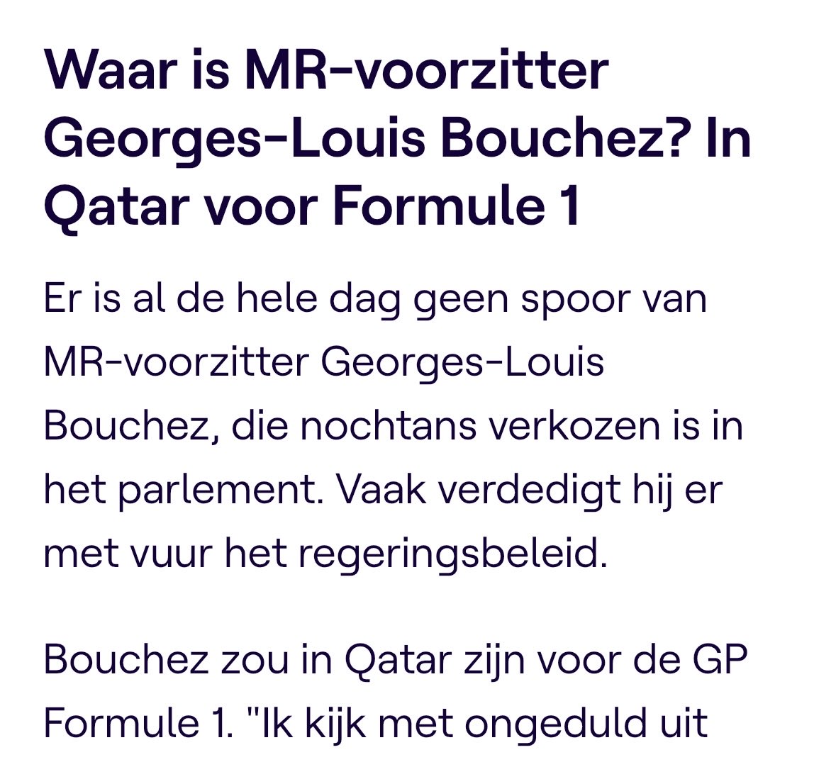 Le mépris de <a href="/GLBouchez/">Georges-L BOUCHEZ</a> pour le Parlement et pour les Bruxellois (n’était-il pas censé nous fournir un gouvernement ?) atteint des proportions intergalactiques. Au lieu de négocier un gouv. ou de défendre le budget, il… assiste au Grand Prix de #F1 au Qatar. Avec l’argent de…