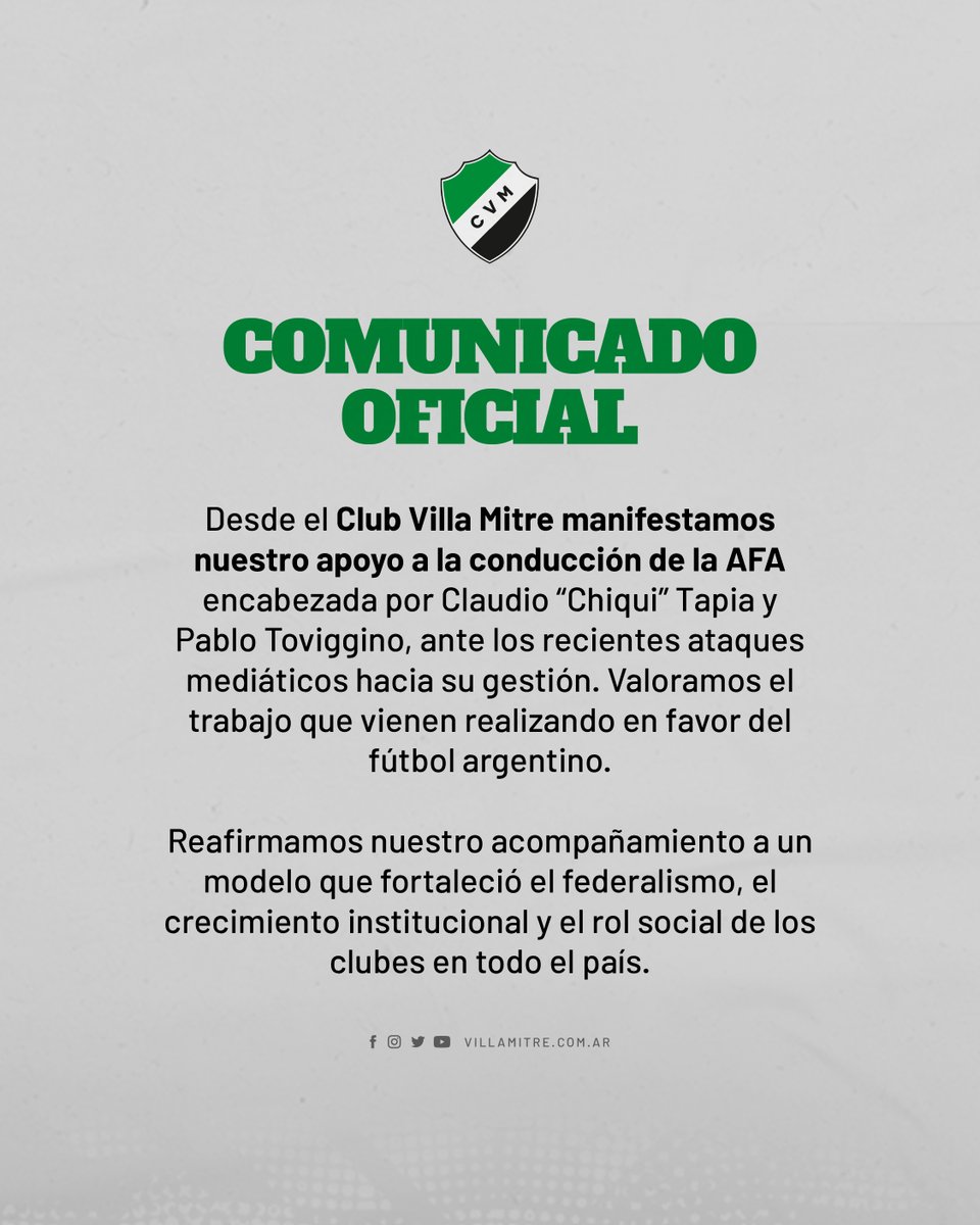VillaMitreBB's tweet image. Desde el Club Villa Mitre manifestamos nuestro apoyo a la conducción de @afa  @tapiachiqui @TovigginoPablo , ante los recientes ataques mediáticos hacia su gestión.

#ElClubDeLaCiudad 🇦🇪