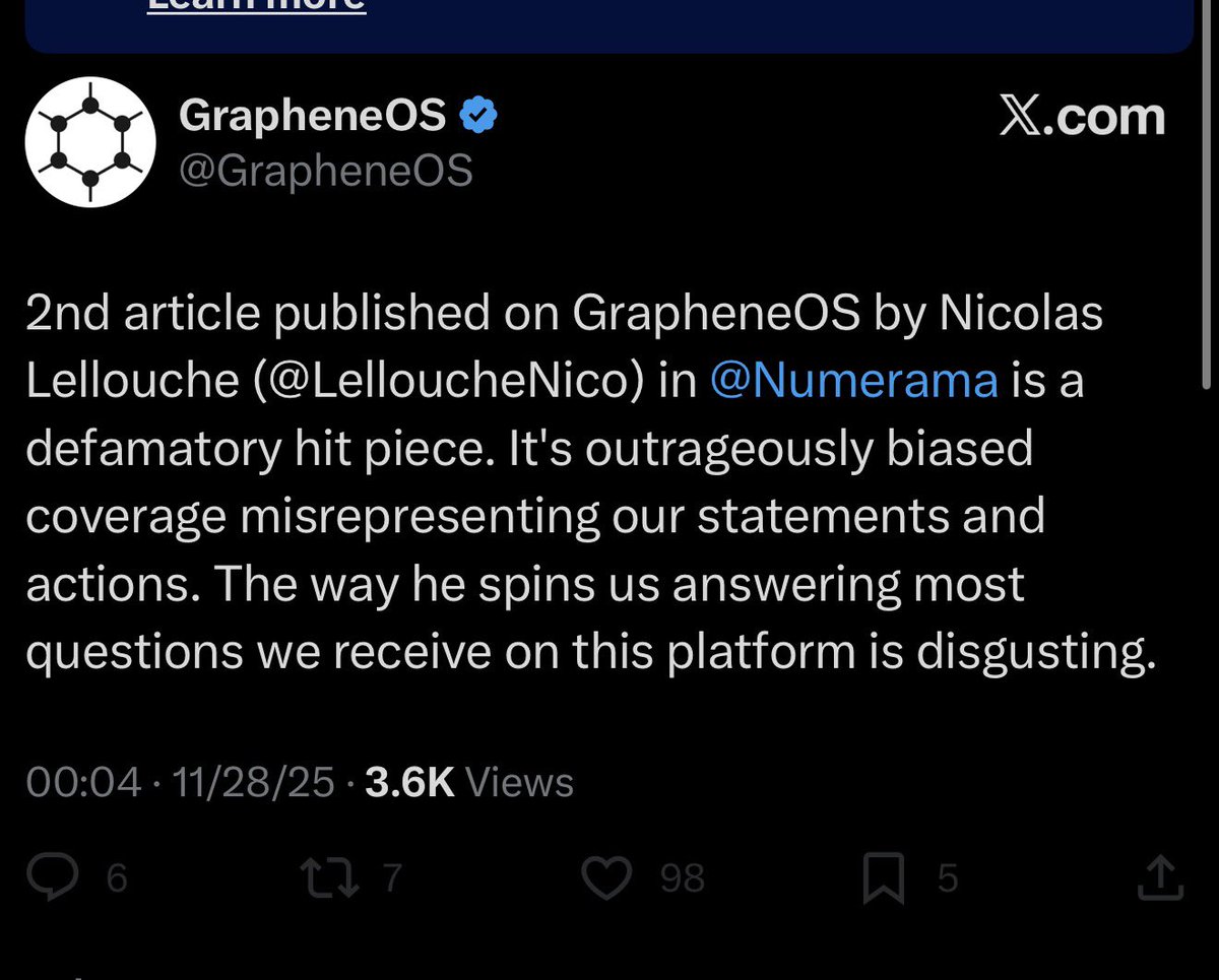 LelloucheNico's tweet photo. La semaine dernière, j’ai écrit un article pour défendre GrapheneOS, que je considérai victime d’une très mauvaise couverture médiatique en France, qui reprenait des arguments anti-vie privée. 

L’entreprise m’attaque aujourd’hui publiquement et m’a bloqué ⬇️ https://t.co/GIs4HYg2hF