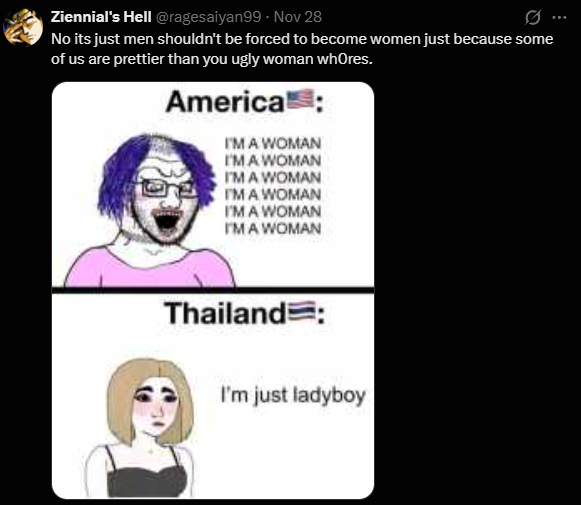 FairuzOfTheSea's tweet image. TW: transphobia:

A reminder that &quot;ladyboy&quot; is a colonial term. Trans women in Thailand don&apos;t call themselves ladyboys or the equivalent in Thai. It&apos;s just that white colonizers who find them hot, but don&apos;t want to acknowledge that they&apos;re trans, started calling them that.