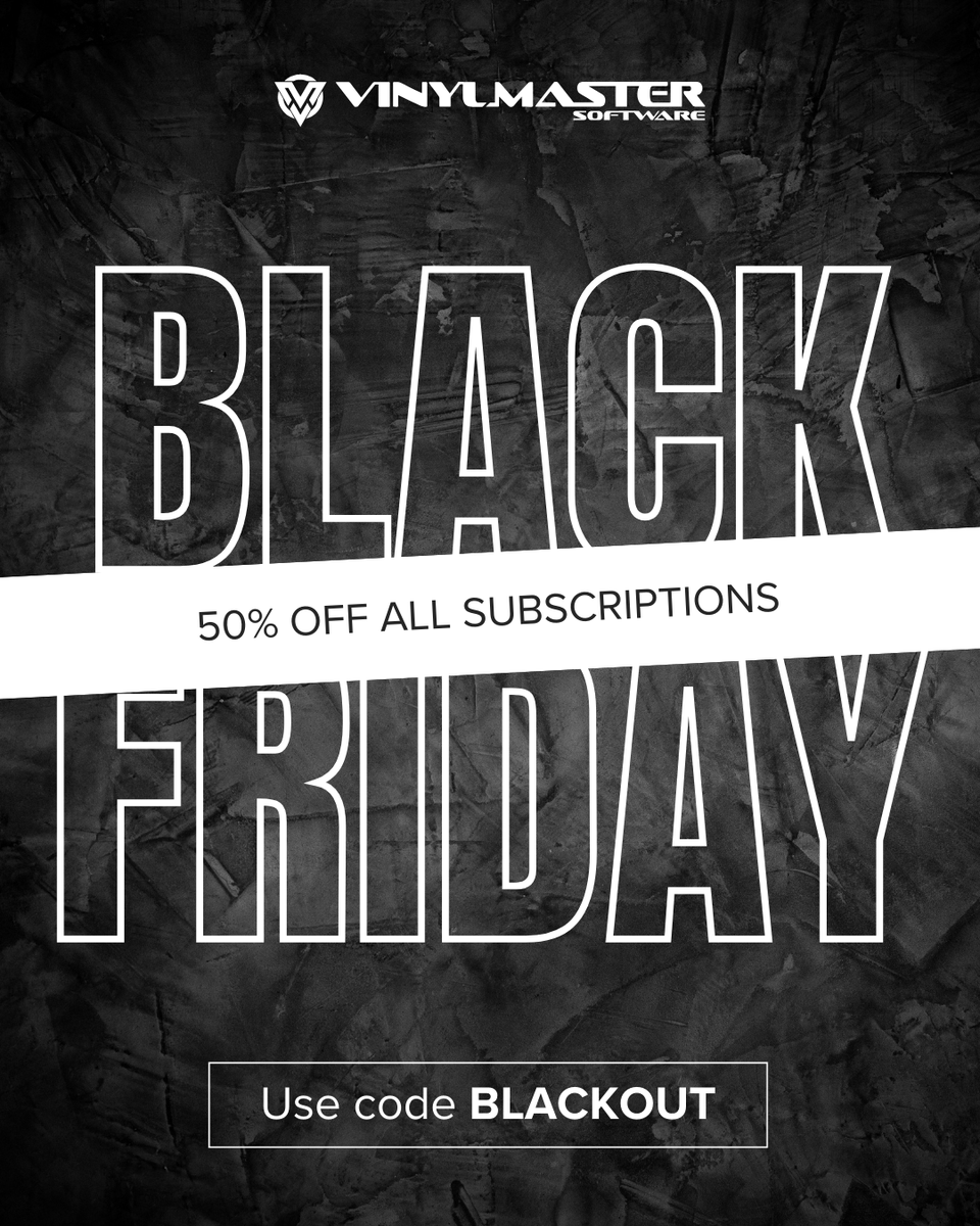 vinylmaster_fcl's tweet photo. This Black Friday, we encourage creative minds and an efficient workflow. 
Use code: BLACKOUT to get 50% off all subscriptions and make your projects pop!

#vinyl #vinylmaster #design #software #designsoftware #blackfriday #blackfridaysale #blackfridaydeal https://t.co/Blr5aq1Fes