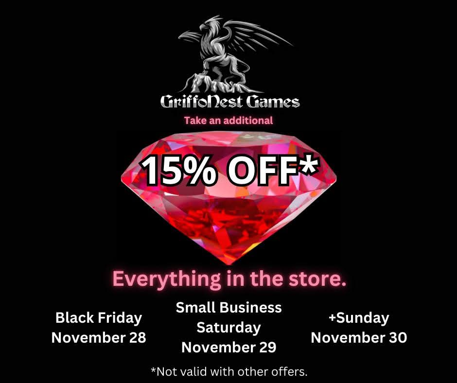 griffonest's tweet photo. As you search for Black Friday and Small Business Saturday treasure, you find a ruby worth 15% off of everything in the store (you must show this coupon).​  There will also be a clearance table featuring MASSIVE savings for you this holiday season.  Stop by for some FUN! https://t.co/pXWfhFOu7g