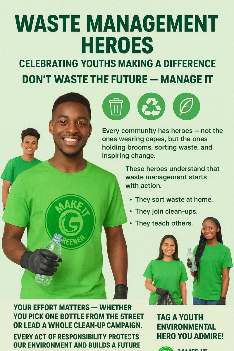 KajockTheodore's tweet photo. 💚 To every youth making a difference: You are the reason change is possible.
Keep leading. Keep inspiring. Keep managing waste responsibly.
👉 Tag a young environmental hero you admire in the comment section 👏 🙌 
 #WasteManagementHeroes #YouthForTheEnvironment #MakeItGreenerNG https://t.co/Z71tr4KFHW