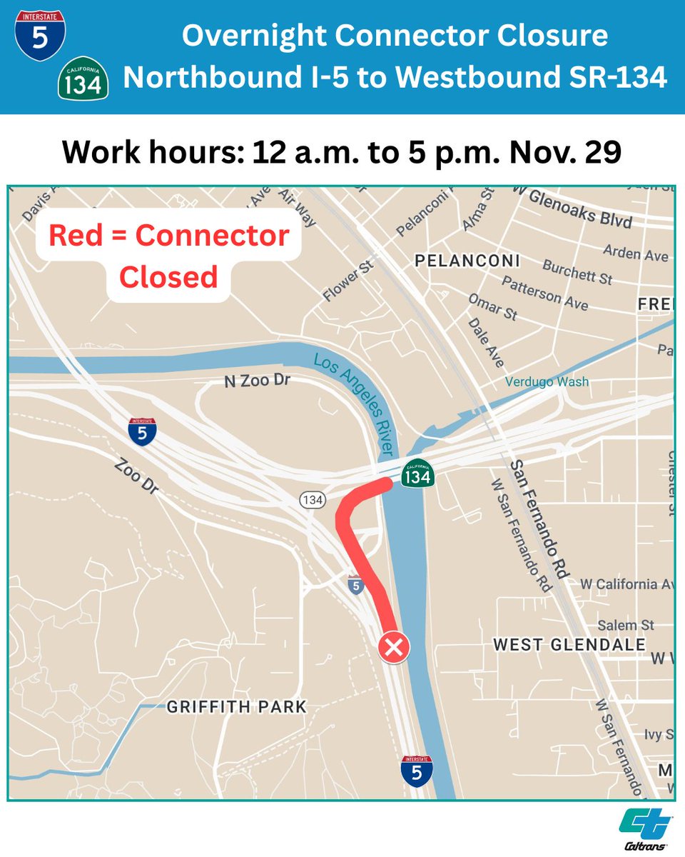 CaltransDist7's tweet image. 🚧OVERNIGHT CLOSURE🚧
Closure scheduled at the northbound I-5 to westbound SR-134 connector (exit 144B) on Saturday, Nov. 29 from midnight to 5 a.m. for sewer rehabilitation work. Detour signs will be posted.