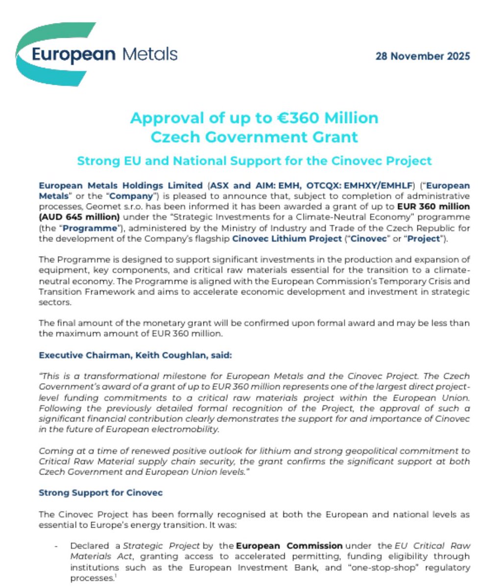LithiumIonBull's tweet image. Congrats @CzechLithium on the excellent news.

Up to €360M grant for Strategic Cinovec

🇪🇺 #lithium

$EMH.AX $EMH.L