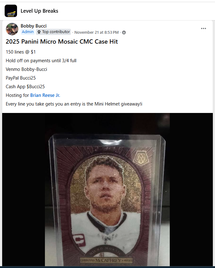 LevelUpBreaks's tweet photo. Talk about getting in cheap!!!!!

Come join our Razz for a 2025 Panini Micro Mosaic CMC Case Hit!!!

Get in for as low as a $1!!!! 97 $1 spots left.

LEVEL UP BREAKS on FB. Join and get a $5 credit to use on a future break! 

https://t.co/7JtLksiPTf https://t.co/ddKiZMEBjt
