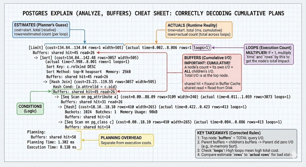 gwenshap's tweet image. I asked Gemini Nano Banana Pro to generate a cheat sheet for Postgres&apos; EXPLAIN (analyze, buffers).
While it didn&apos;t include all the details I would, I&apos;m honestly impressed. I think it is good enough to be useful. WDYT? 

Oh, and feel free to copy, reuse, whatever.
