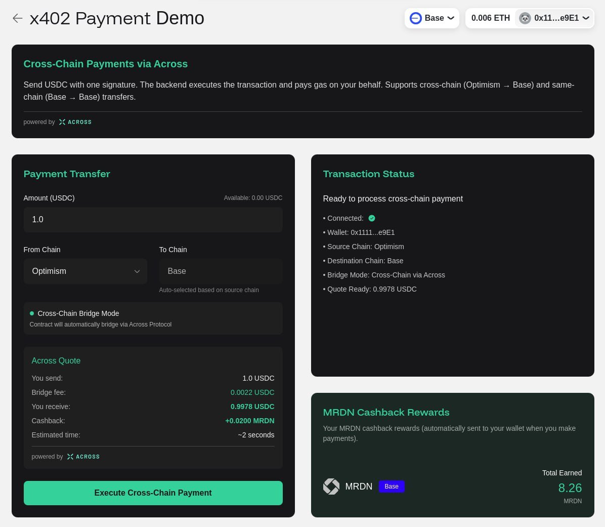 Meridian is the only crypto native x402 system that has enabled cross-chain payments, as well as provided a solution for long term sustainability of gas subsidized x402 facilitation. This is accomplished by its economic design which charges a 1% flat fee on agentic transactions