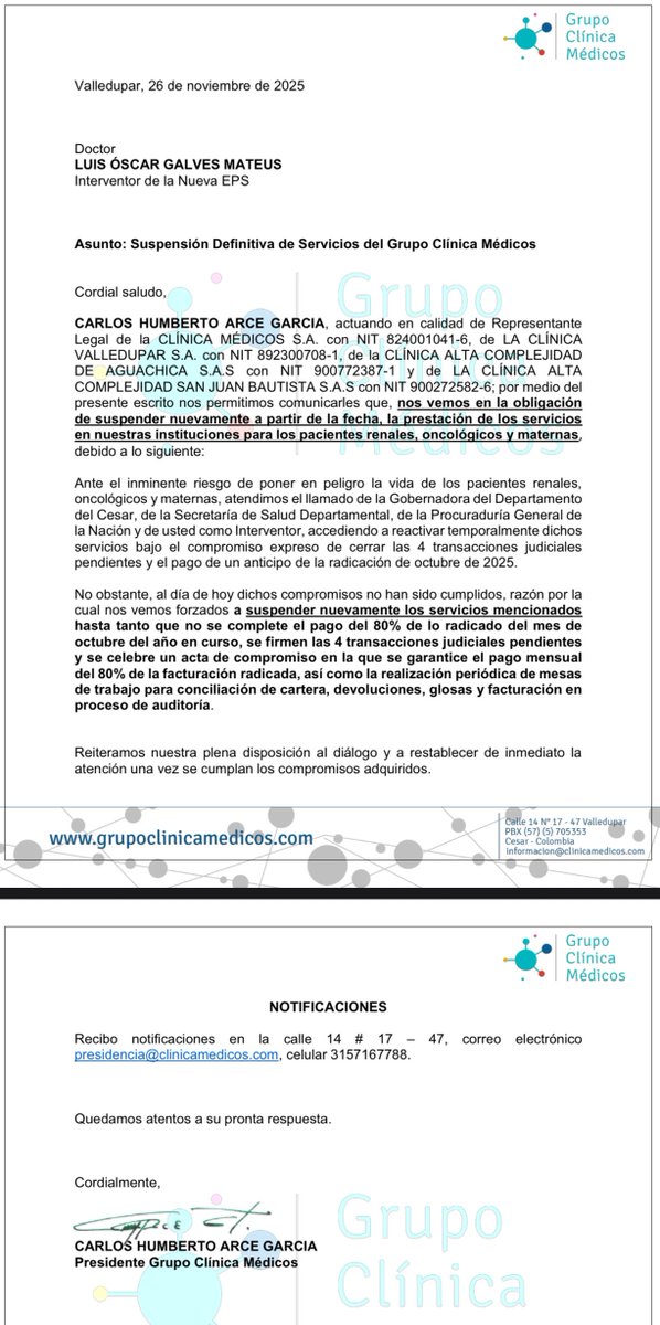 Evitemos una tragedia en Valledupar. Señores @NUEVAEPS_ debido al incumplimiento de los pagos de la red prestadora de servicios de salud en nuestro municipio, especialmente al grupo MÉDICOS LTDA, cerraron todos sus servicios de las clínicas Alta Complejidad del Caribe, lo que