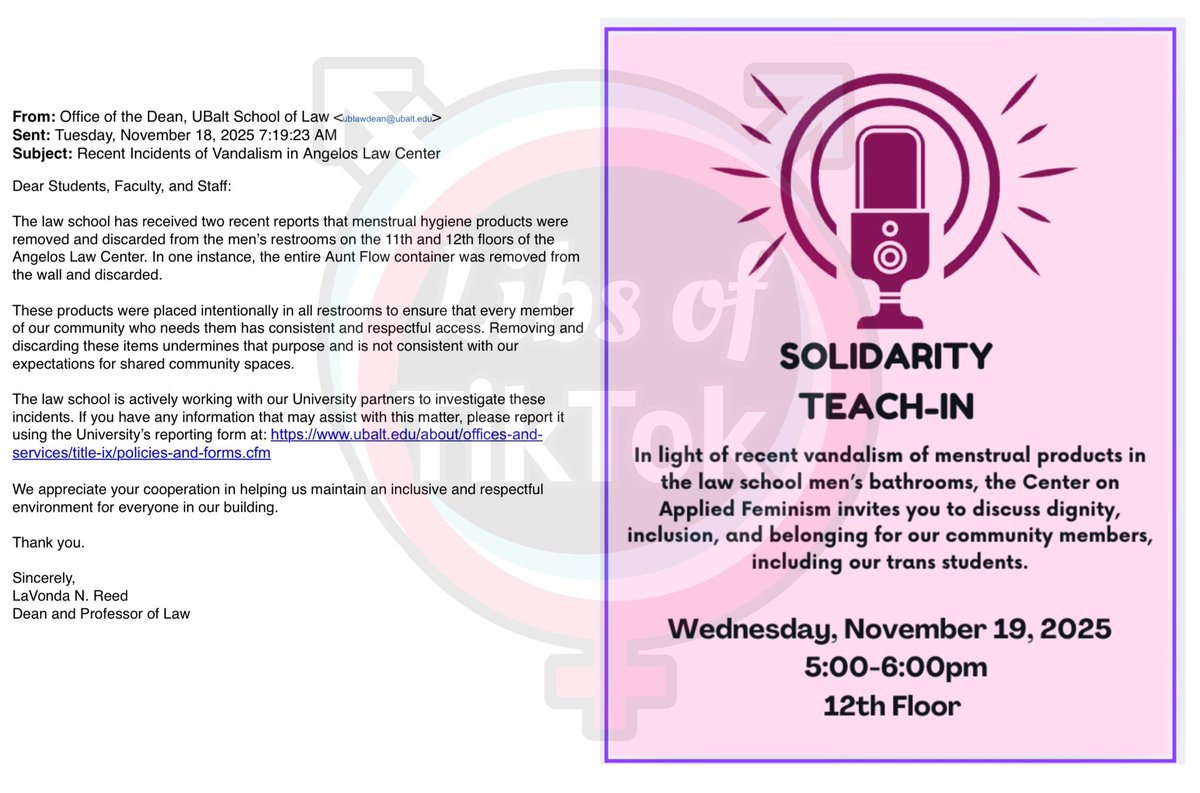 SCOOP: COLLEGE INVESTIGATING AFTER TAMPONS REMOVED FROM MEN’S BATHROOM

.<a href="/ubaltmain/">The University of Baltimore</a> Law School Dean says they’re “investigating” after the tampon dispenser was removed from the men’s bathroom.

A group on campus also held a teach-in following the “vandalism” to explain why the