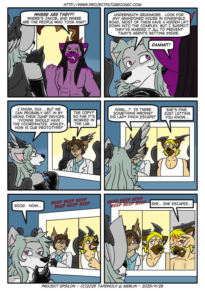Nigel has a surprise for Daryil in The Epsilon Project.
#furry #comics #furryart #ProjectFuture

Previous pages are here: projectfuturecomic.com/epsilon.php?st…