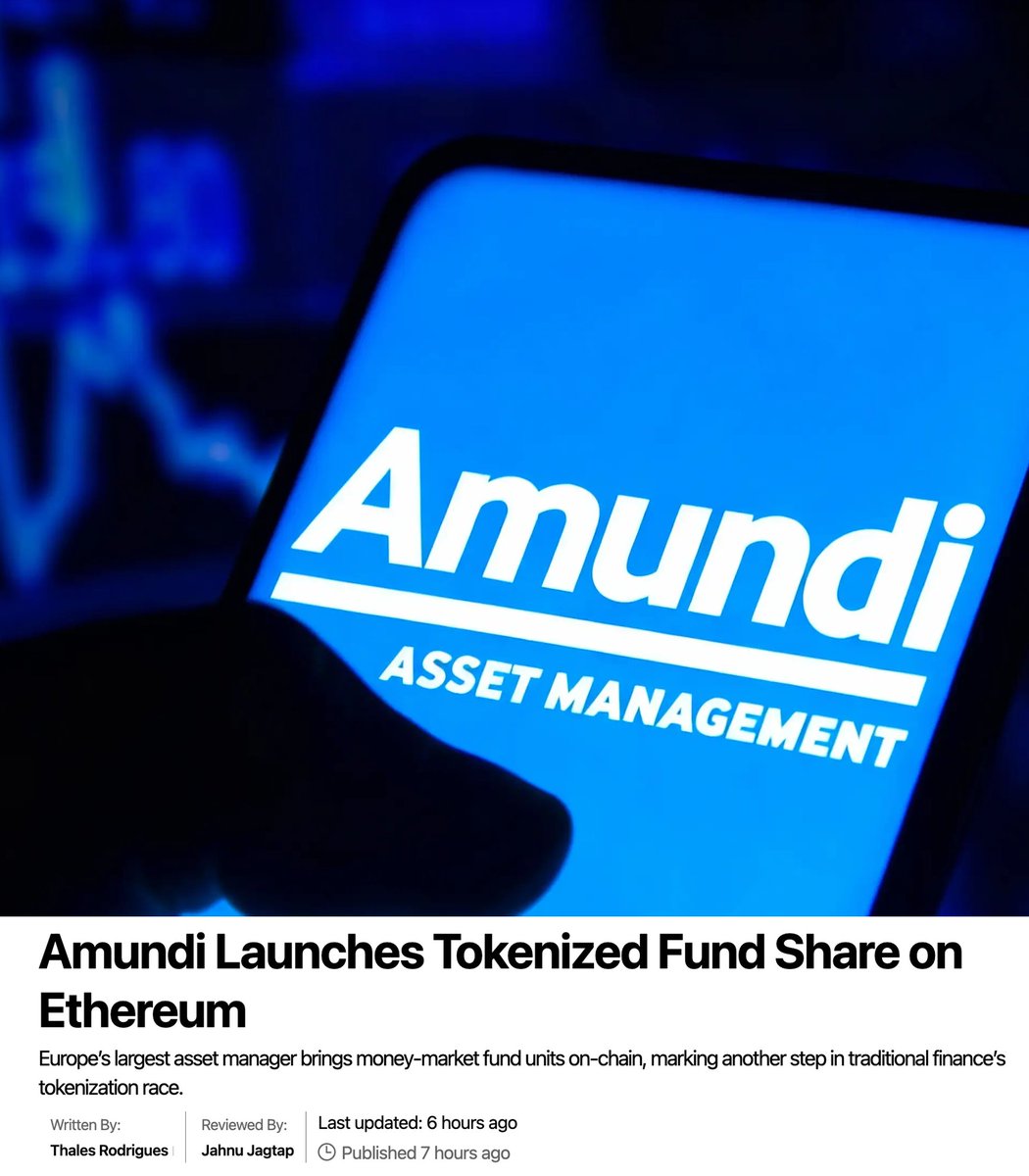 SAMALTCOIN_ETH's tweet image. 🚨 BREAKING: Europe’s largest asset manager, Amundi (€2T AUM), just tokenized a fund on Ethereum. 🔥

$ETH is becoming global financial infrastructure.