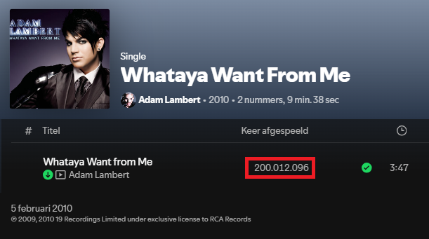 skaschep's tweet image. Congrats @AdamLambert with 2⃣0⃣0⃣ million streams on @Spotify for #WhatayaWantFromMe! 🎉 Now 200,012,096 streams (+62,560)! 🎧 (27 November 2025) #NowPlaying About 16 years old now! 🔥 Keep sharing Adam! Streams going up! open.spotify.com/track/6SXyyNhz…