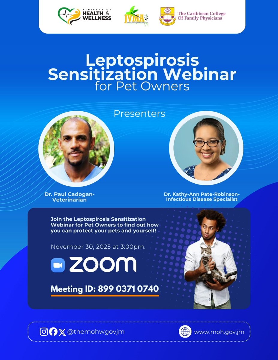 If you are a pet owner and would like to know more about #leptospirosis .... Do join this webinar on Sunday, November 30 at 3:00 p.m. to get the facts. 
Also on social media <a href="/themohwgovjm/">MOHW JA</a>