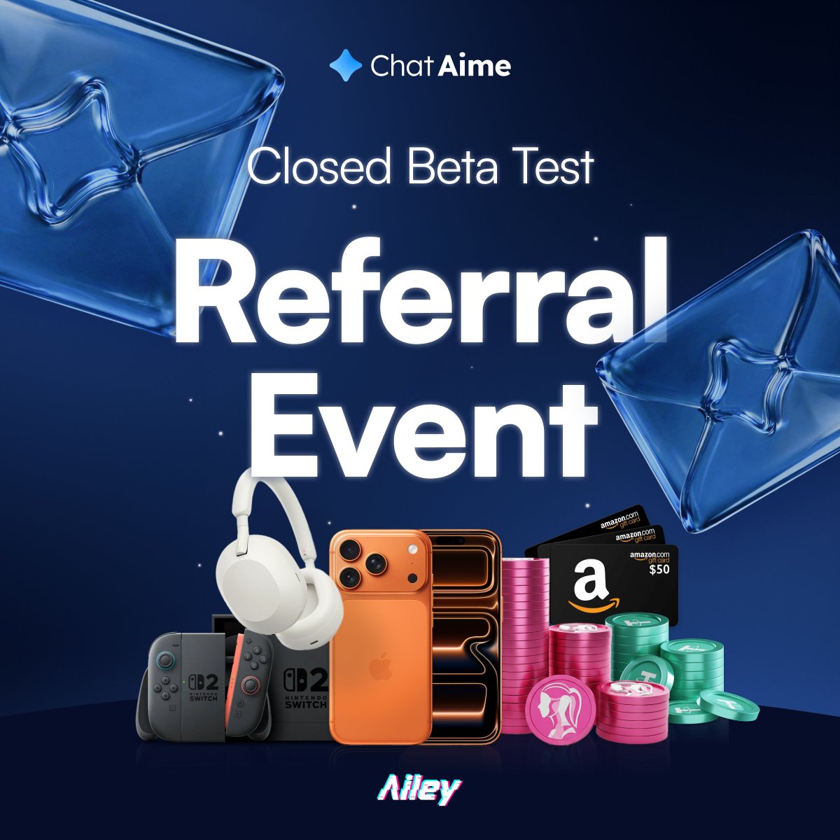 aileyverse_JP's tweet image. ChatAime リファラルイベントが開始しました。

友達を招待して、一緒に成長しながらリワードを獲得しましょう。

参加方法
 １．自分専用の招待コードを共有
 ２．誰かがあなたのコードを使ってサインアップすると、双方に CP リワードが付与されます
 ・友達：5 CP を獲得
 ・あなた：15 CP を獲得…