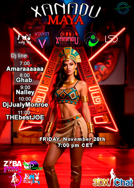 XANADU MAYA brings fire this Friday.
Ancient power, neon glow, and a night made for dancing.
Step into the temple at 7:00 pm CET through <a href="/3dxchat/">3DXChat</a>.
Let the beat awaken you.