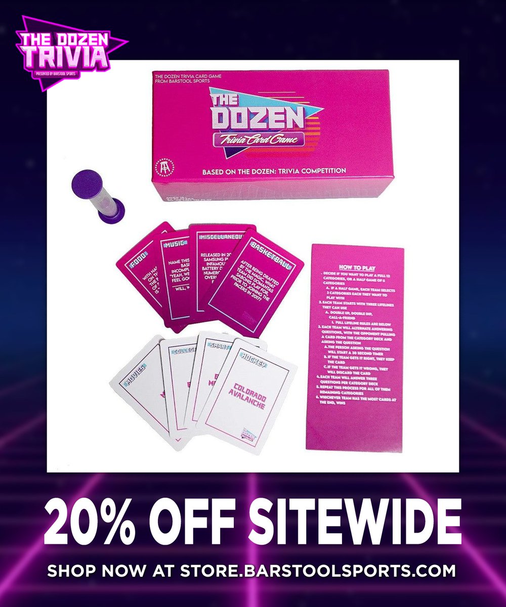 TheDozenTrivia's tweet image. ‼️ 20% OFF SITEWIDE ‼️

The perfect gift for the trivia fan in your life is on sale now!

Shop now at store.barstoolsports.com/collections/al…