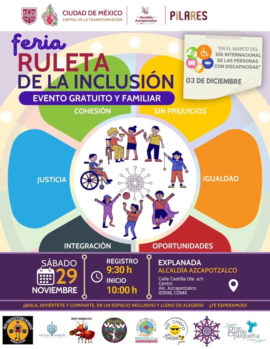 AzcapotzalcoMx's tweet image. 🌈🤝Feria Ruleta de la Inclusión. Este sábado celebramos la inclusión con una feria llena de música, juegos y actividades para todas las familias.

📅 29 de noviembre
🕘 Registro 9:30 h
⏰ Inicio 10:00 h
📍 Explanada de la Alcaldía

Un espacio para convivir sin prejuicios, con…