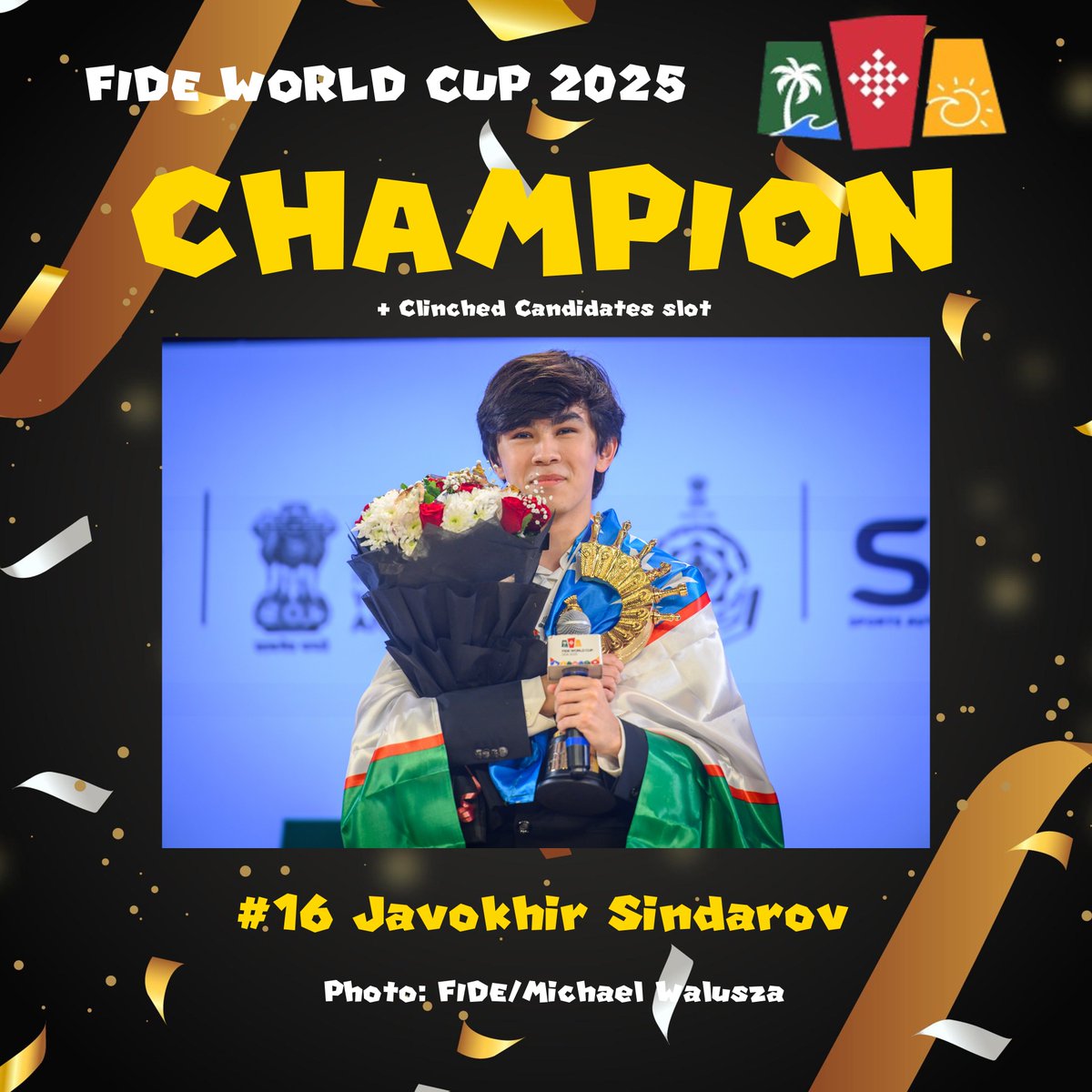 paulpoweryt's tweet image. Congratulations to all the #FIDEWorldCup2025 podium finishers! These three will advance to the FIDE Candidates next year!

#16 Javokhir Sindarov gets 1st place knockout,
#7 Wei Yi gets 2nd,
#27 Andrey Esipenko gets the weak 3rd,
And #28 Nodirbek Yakubboev is on another timezone.