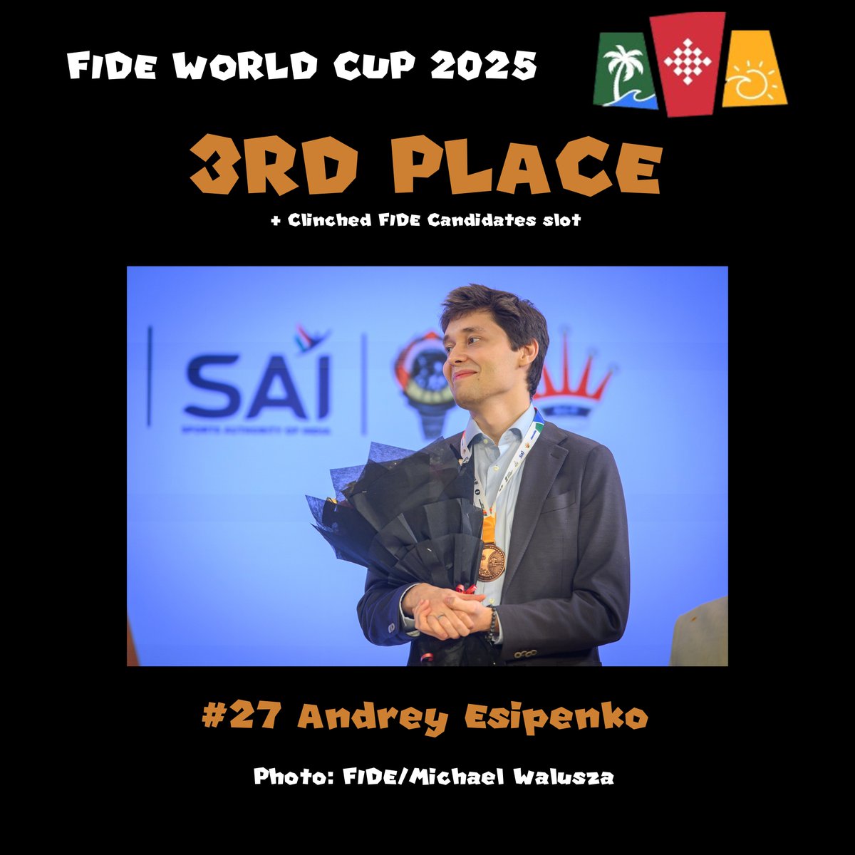 paulpoweryt's tweet image. Congratulations to all the #FIDEWorldCup2025 podium finishers! These three will advance to the FIDE Candidates next year!

#16 Javokhir Sindarov gets 1st place knockout,
#7 Wei Yi gets 2nd,
#27 Andrey Esipenko gets the weak 3rd,
And #28 Nodirbek Yakubboev is on another timezone.
