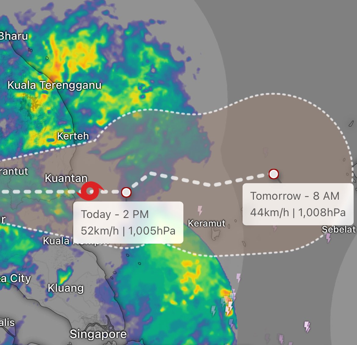 malaysia_covid's tweet photo. Senyar is slowly exiting Peninsular into the South China Sea and possibly heading towards Borneo if it continues 

Heavy Rain reported on the East Coast especially Terengganu

Last night wind gust was as high as 40-50kmh around KLIA area as per flightradar along with Heavy Rain https://t.co/16lASYHasF