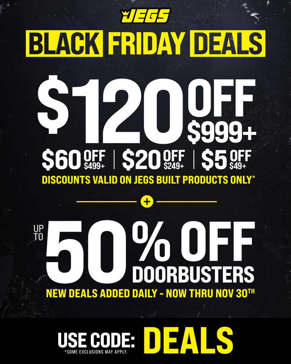JEGSPerformance's tweet image. Black Friday starts NOW! Shop our biggest sale of the year where you can stack the savings! New deals added daily, now through November 30th! bit.ly/3LLL5Kl