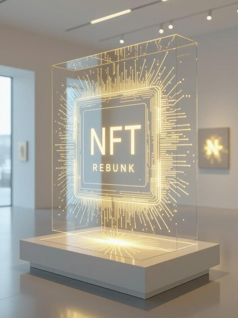 RebunkCompany's tweet image. In a futuristic art gallery, amidst a flood of lights, a digital artifact is displayed in a holographic glass case. 
The artifact, known as &quot;Rebunk,&quot; is not just a picture, but a visual representation of a computer chip glowing golden, symbolizing a new era of digital ownership.