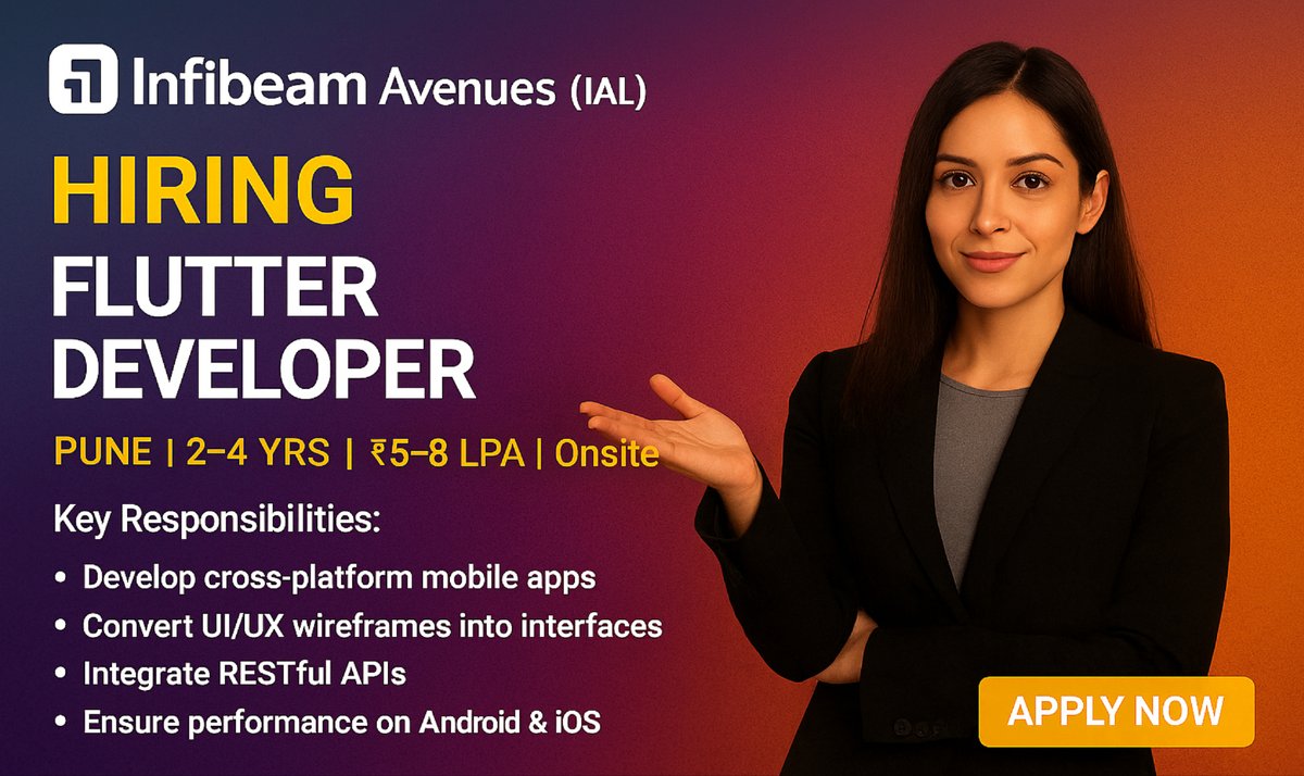 jobpe4u's tweet image. 🚀 Infibeam Avenues is hiring a Flutter Developer!  
📍 Pune | 💼 2–4 yrs | 💰 ₹5–8 LPA | Onsite  

Apply now 👉 JobPe.com  

#FlutterDeveloper #MobileApps #Dart #TechJobs #HiringNow #PuneJobs #JobPe