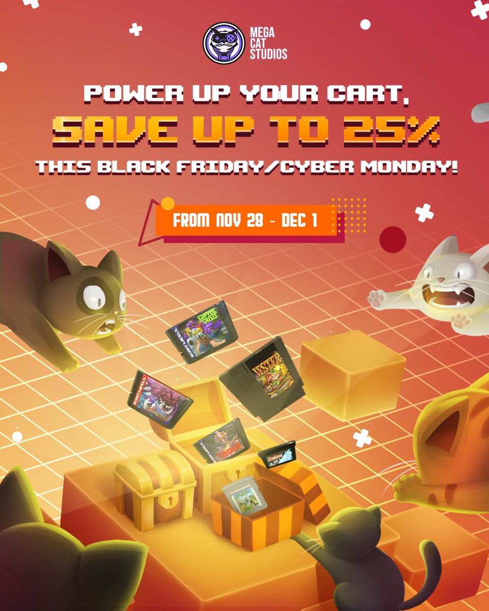 megacatstudios's tweet image. Power up your cart this #BlackFriday and #CyberMonday from November 28th to December 1st! ⚡

Score up to 25% off sitewide, grab epic freebies, and check out our newest treats: ZPF for the Sega Genesis/Mega Drive, Cat-puccino Supreme, Paw-er Up Espresso, and more! ☕

Time to…