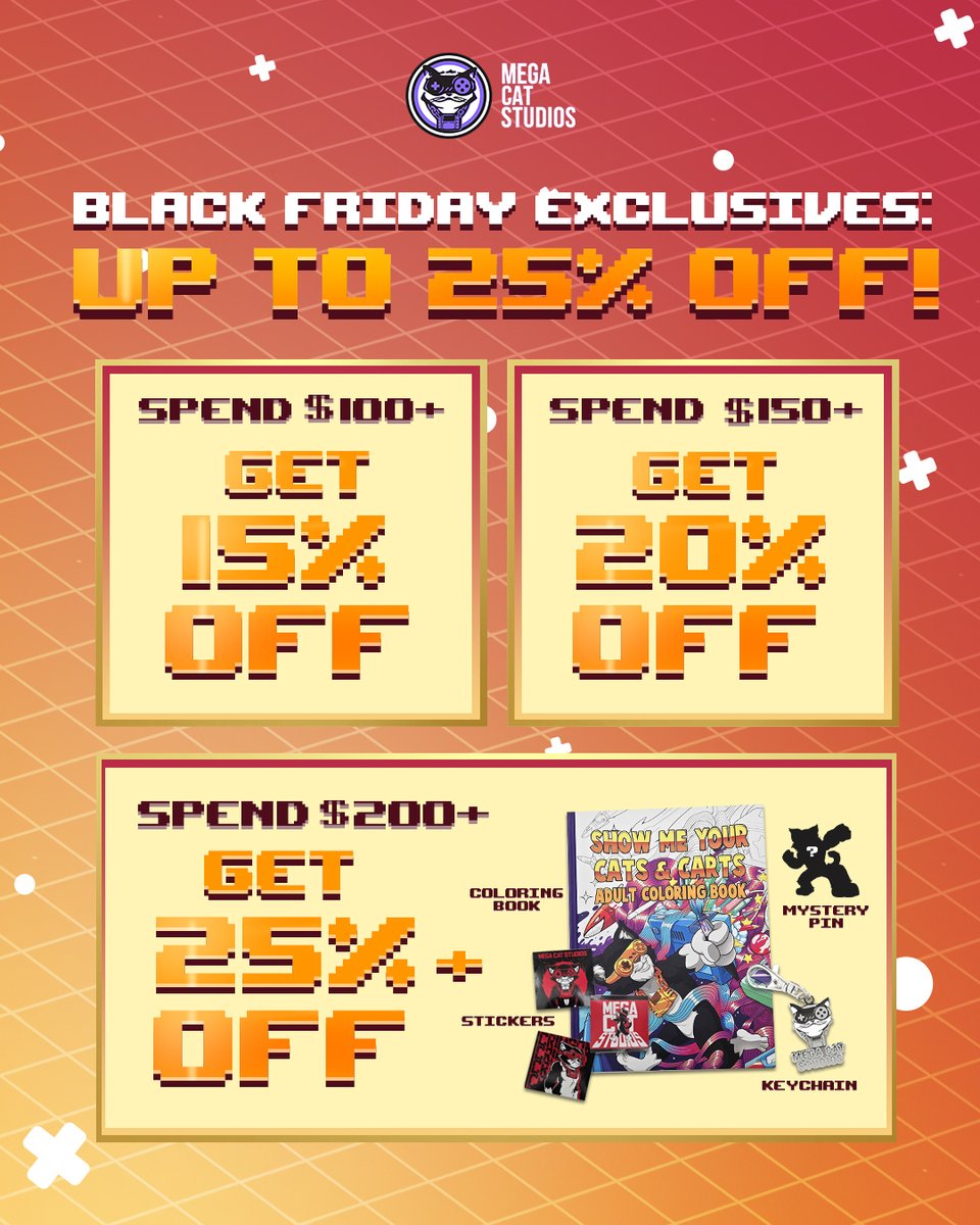 megacatstudios's tweet image. Power up your cart this #BlackFriday and #CyberMonday from November 28th to December 1st! ⚡

Score up to 25% off sitewide, grab epic freebies, and check out our newest treats: ZPF for the Sega Genesis/Mega Drive, Cat-puccino Supreme, Paw-er Up Espresso, and more! ☕

Time to…