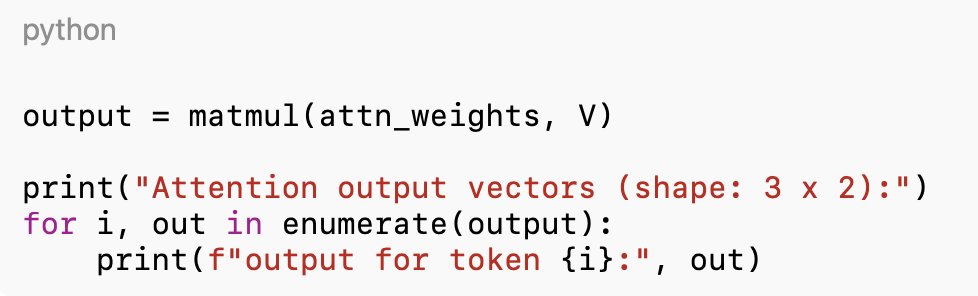 wilsonMak5's tweet image. Finally compute the output vectors:

Interpretation:
Each output vector is a weighted average of V (which equals tokens), using the attention weights.